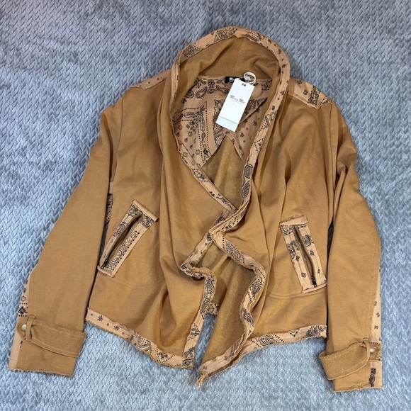 Miss Me Jackets & Blazers - Women’s Miss Me Brown French Terry Paisley Waterfall Jacket Size Medium NWT